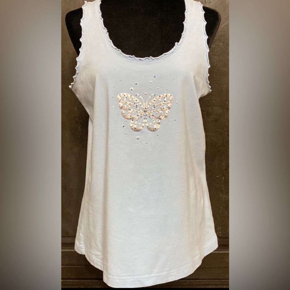 LA Blues Baby Blue Butterfly with sequins tank top. Size L